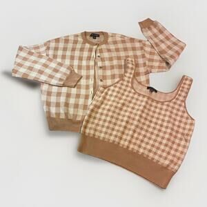 ANN TAYLOR 2 Pc Women Brown Gingham Plaid Button Cardigan Sweater & Tank Top LL